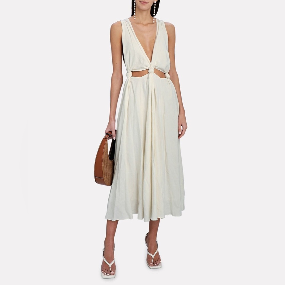 Farm Rio Knotted Cut Out Linen Blend Midi Dress